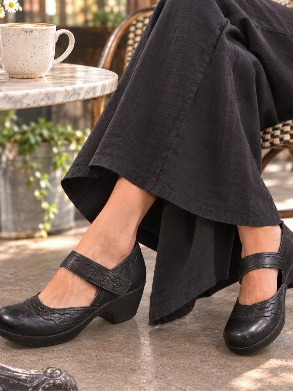 Dansko Black Leather Mary Jane Clogs | Floral Embellished Comfort Heels Size 38